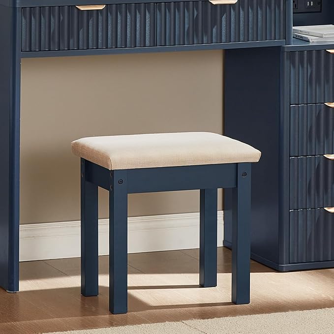 LEYAOYAO Vanity Stool, Elegant Makeup Stool with Comfortable Fabric Cushion, Sturdy Wooden Frame, Modern Vanity Bench for Bedroom and Bathroom-Navy Blue