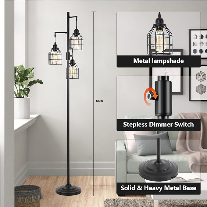 9MMML Floor Lamp for Living Room, Farmhouse Industrial Dimmable Floor lamp,3 Lights Metal Cage Tree Standing Lamp,68", 3Pcs Led Bulbs Included