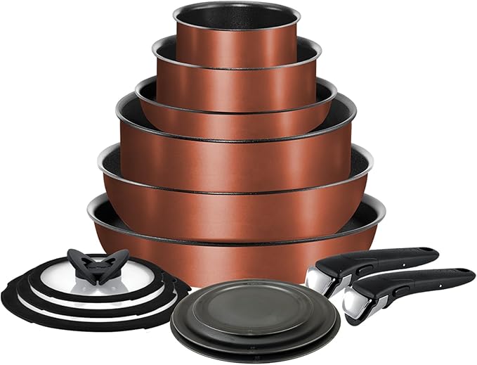 T-fal Ingenio Expertise Non Stick Cookware Set 14 Piece, Induction, Oven Broiler Safe 500F, Stackable, Pots and Pans, RV, Camping, Fry Pans, Dishwasher Safe, Detachable/Removable Handle, Copper