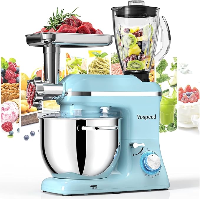 Vospeed 9 IN 1 Stand Mixer, 850W Tilt-Head Multifunctional Electric Mixer with 8 QT Stainless Steel Bowl, 1.5L Glass Jar, Meat Grinder, Hook, Whisk, Beater Dishwasher Safe (Blue)