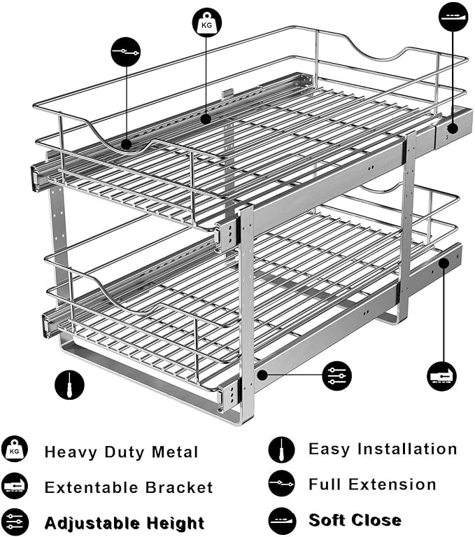 2 Tier Pull Out Cabinet Organizer,(11½"W x 22" D) Soft Close Slide Out Drawer For Kitchen Base Cabinet, Individual Pull Out Shelf, Roll Out Pantry Organization, 22 Inch Deep