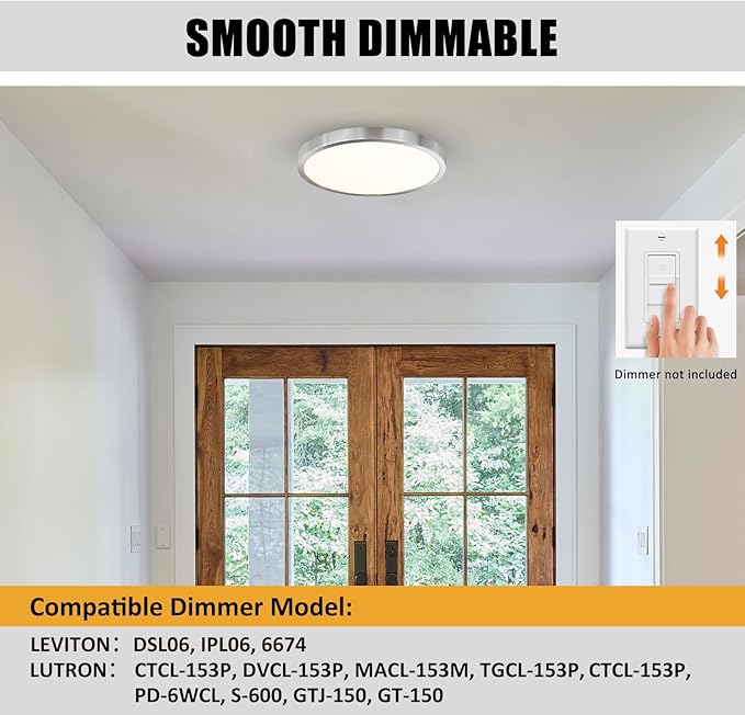 10 Inch Flush Mount LED Ceiling Light Fixture, Slim Dimmable Flush Mount Light for Kitchen, Metal and Glass Modern Ceiling Light for Low Ceiling, Bedroom, Laundry, Brushed Nickel, 17W, 3000K, 2 Pack