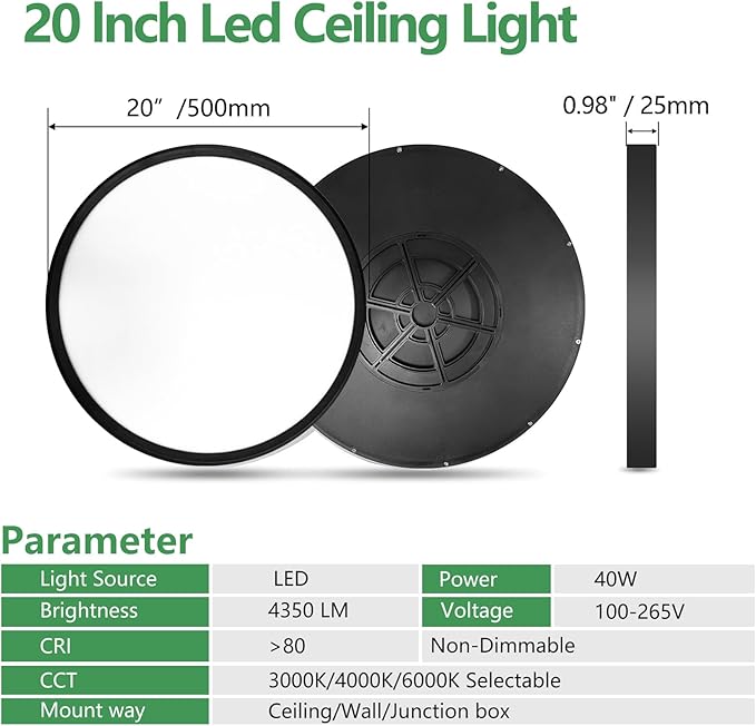20 Inch Large LED Flush Mount Ceiling Light, 40W,4350LM, 3000K/4000K/6000K CCT Selectable,Black Flat Panel Light Low Profile Ceiling Light Fitures for Hallway, Kitchen, Bedroom, Laundry Room, 2PK