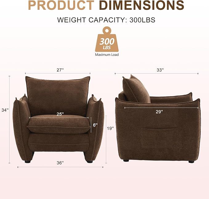 Oversized Accent Chair, Modern Single Sofa Cloud Chair with Removable Pillow, Deep Seat Comfy Armchair for Living Room Bedroom Reading Nook - Upholstered Lounge Chair (Brown)