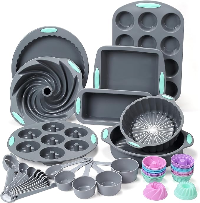 To encounter 49 Pieces Silicone Bakeware Set, Heat Resistant Baking Pans, Nonstick Baking Molds for Cake, Bread and Muffin, with Measuring Cups and Spoons Set, Light Grey