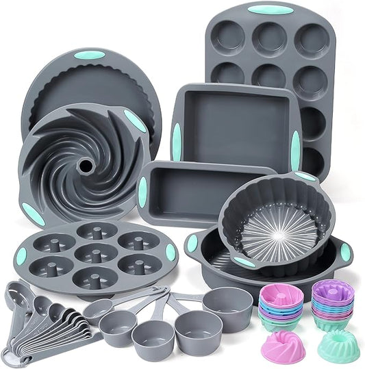 To encounter 49 Pieces Silicone Bakeware Set, Heat Resistant Baking Pans, Nonstick Baking Molds for Cake, Bread and Muffin, with Measuring Cups and Spoons Set, Light Grey