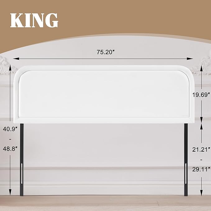 Velvet Fabric Headboard for King Size Bed, Upholstered King Headboard Only, Dorm Headboards from 41” to 49” Height, Sturdy and Durable Solid Wood Bed Head Board, White