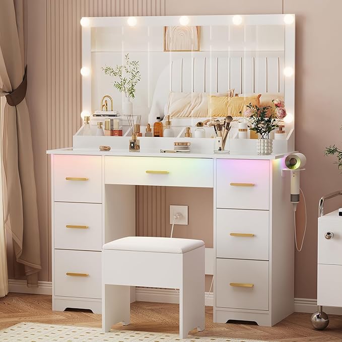Vanity Desk with 38" Large Mirror and 9 LED Lights & Glass Top and Power Outlet, Adults Makeup Vanity with Chair and 7 Storage Drawers, Dressing Table Set for Bedroom, Modern White