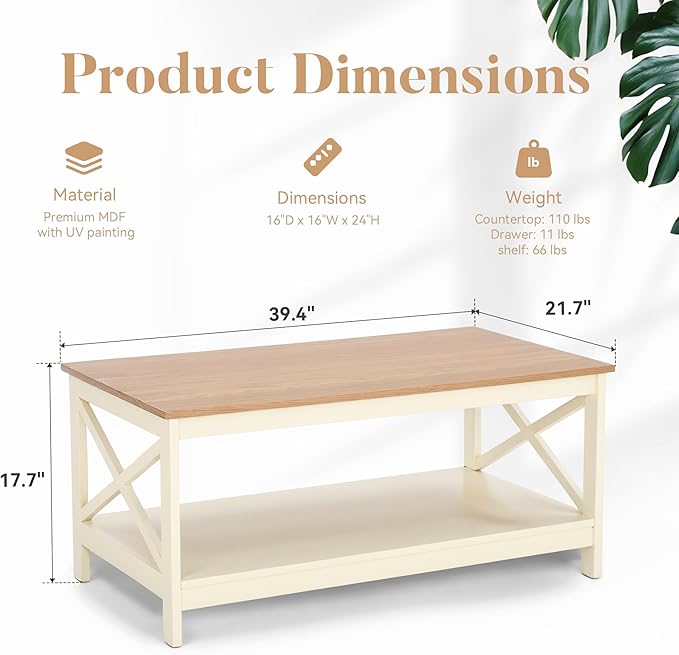 ALPHA HOME Coffee Table with Storage, Farmhouse Coffee Tables for Living Room 2-Tier Modern Coffee Table, Ivory