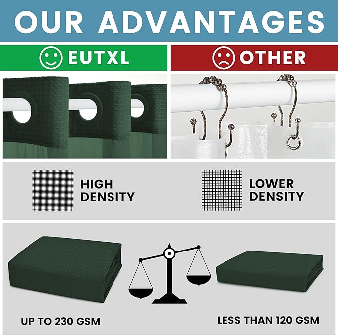 Dark Green Shower Curtain and Liner Set - 230GSM Waffle Weave Textured Heavy Duty,Hotel Luxury Weighted Bath Curtain,71W x 74H