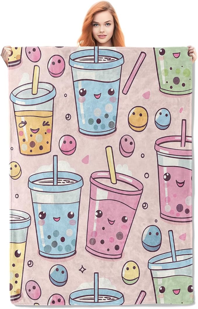 Cute Anime Cups Blanket Gifts for Women Girls Adults Kids Soft Warm Lightweight Cozy Bubble Tea Throw Blankets for Bed Sofa Couch Living Room Decor 80x60in