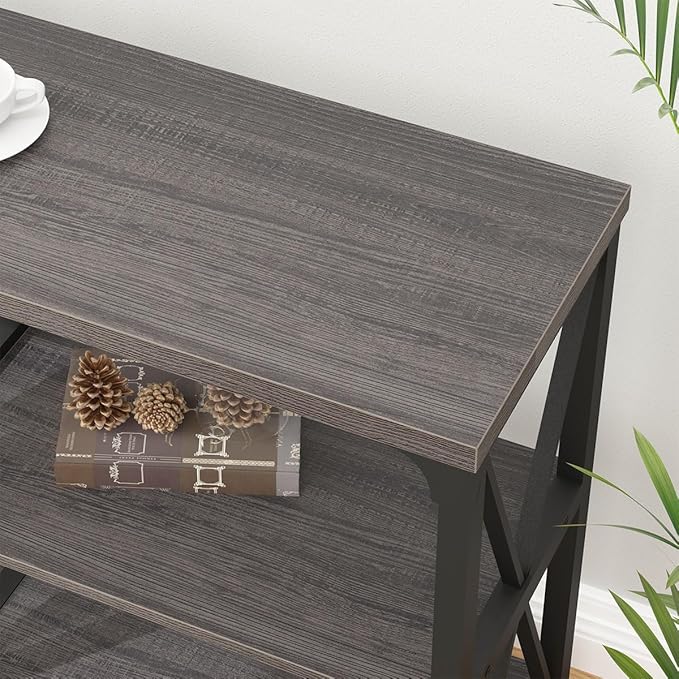 IBF Console Sofa Table, Industrial Metal Wood Entryway Table, Modern Hallway Foyer Table Behind Couch Table, 3 Tier Entry Table with Storage Shelves for Living Room Bedroom, Dark Gray Oak, 55 Inch