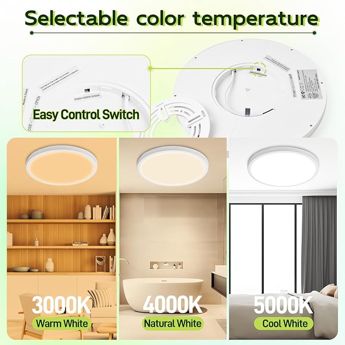 hykolity 9 Inch Selectable CCT LED Round Flat Panel Light, 18W 1800LM 3000K/4000K/5000K, Edge-Lit Flush Mount Ceiling Light Fixture for Kitchen, Bedroom, Laundry and Closet Room, White