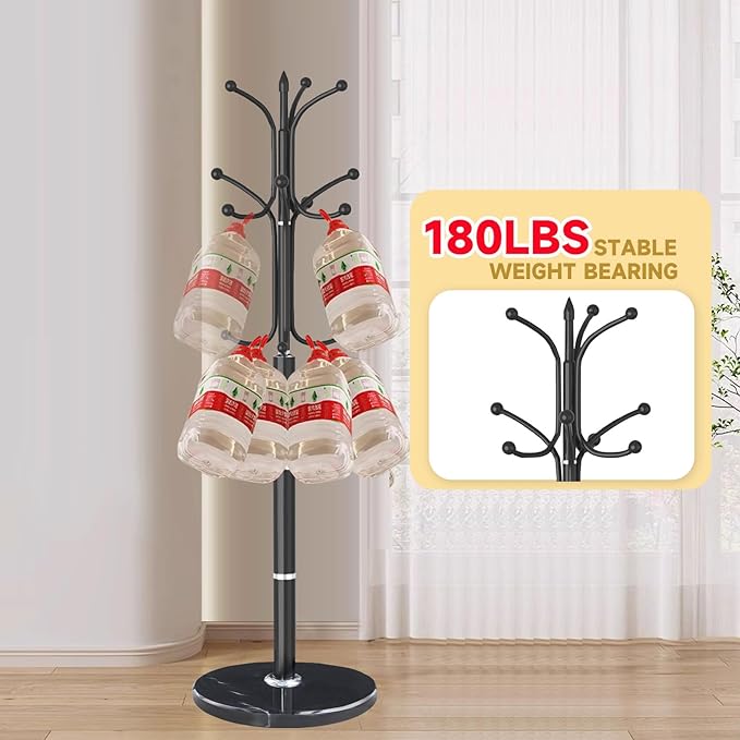 Modern Metal Coat Rack Stand, Coat Rack Freestanding with Natural Marble Base, Sturdy Heavy Duty Coat Racks with 12 Hooks, Black Coat Hall Tree Stand for Entryway, Office (12 HOOKS-Black)