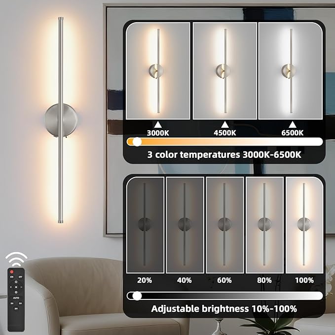 Battery Operated Wall Sconce Set of 2, Brushed Nickel 27.5" LED USB Rechargeable dimmable Wall Sconce with Remote Control, Rotate 350° for Living Room, Bedroom, Hallway and scones Lighting