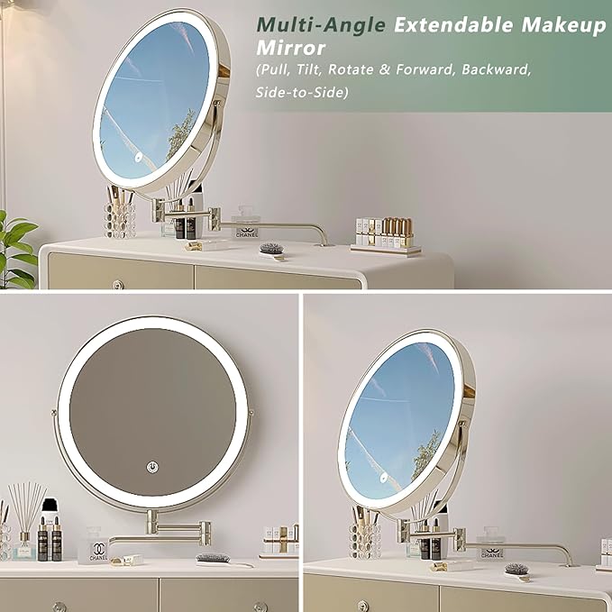 Vanity Desk with Adjustable Mirror and Lights, Makeup Vanity with 2 Drawers and Chair, Small Dressing Table with Leather Surface for Bedroom, 3 Lighting Modes