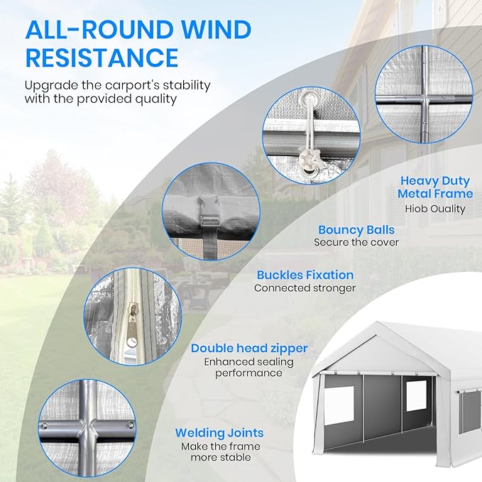 Carport 10x20 Heavy Duty Portable Garage,Carport Canopy with Roll-Up Windows & Doors,Portable Garage and Shelter with Removable Sidewalls,Car Tent Garage with All-Season Tarp for Bike Truck Lawnmower