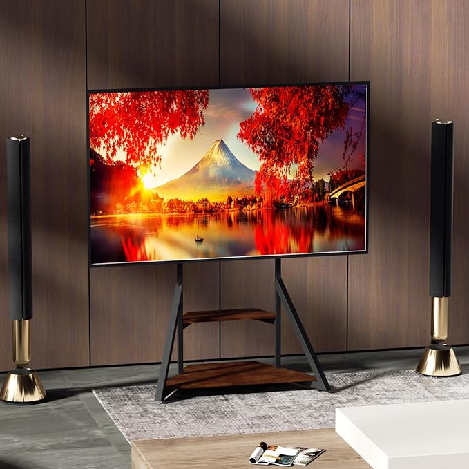 UNHO Mobile Television Stands with Wheels for 43 50 55 65 70 75 inch TVs, LCD/LED Flat Curved Screen TV Floor Stand with Wood Shelf, Art Modern Design for Living Room, Max VESA 600x400mm, Up to 176lbs