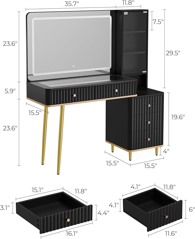 RECCI Fluted Vanity Desk with 36" Mirror and Lights, Makeup Vanity Desk with Glass Top, Dressing Table with 5 Drawers & Shelves, Wood Vanity Table for Bedroom(Black)