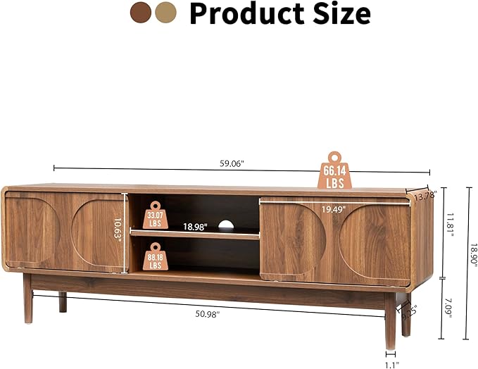 Mid-Century Wood TV Stand Cabinet for Television 55/60/65 Inch, 59" Long TV Console with Adjustable Storage Shelf and Arch Sliding Door, Media Center Cabinet for Living Room, Bedroom (Wanlnut)