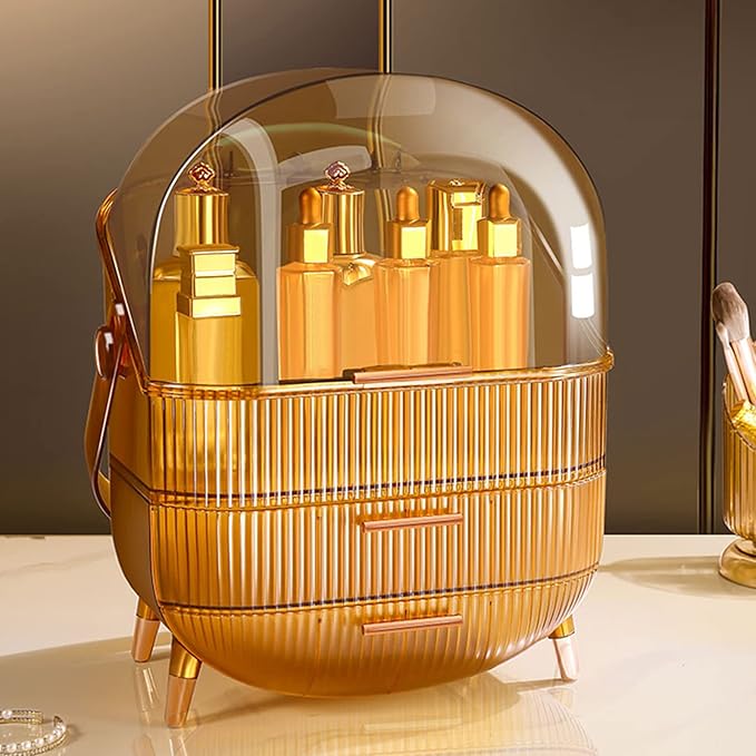 Ergocar Portable Retro Series Multi-Function Make Up Case Dustproof Cosmetic Storage Box,Cosmetics Skin Care Products Jewelry Organizer Case Finishing Box Bathroom Desktop -Amber (X-1)