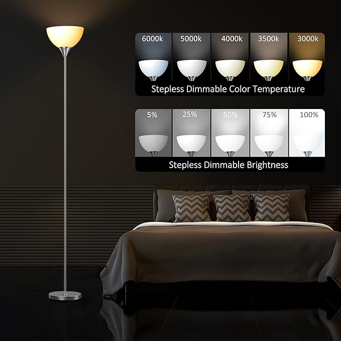 PESRAE Floor Lamp, Remote Control with 4 Color Temperatures, Torchiere Floor lamp for Bedroom, Standing Lamps for Living Room, Bulb Included (Brushed Nickel)