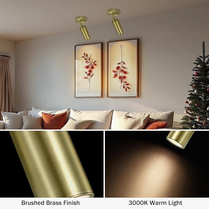 Brass Ceiling Spotlight, Hardwired LED Ceiling Spot Lights, Flush Mounted Directional Ceiling Light, Indoor Spotlight Fixtures, Adjustable Monopoint Spot Lights for Living Room Dining Room