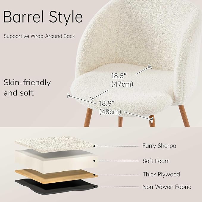 NORDICANA 5-Piece Wooden Round Dining Room Table and Chair Set, 47-Inch Kitchen Table with Barrel Chairs for 4, Off White Upholstered Sherpa Dining Set, MDF Core with White Marble Effect Finish