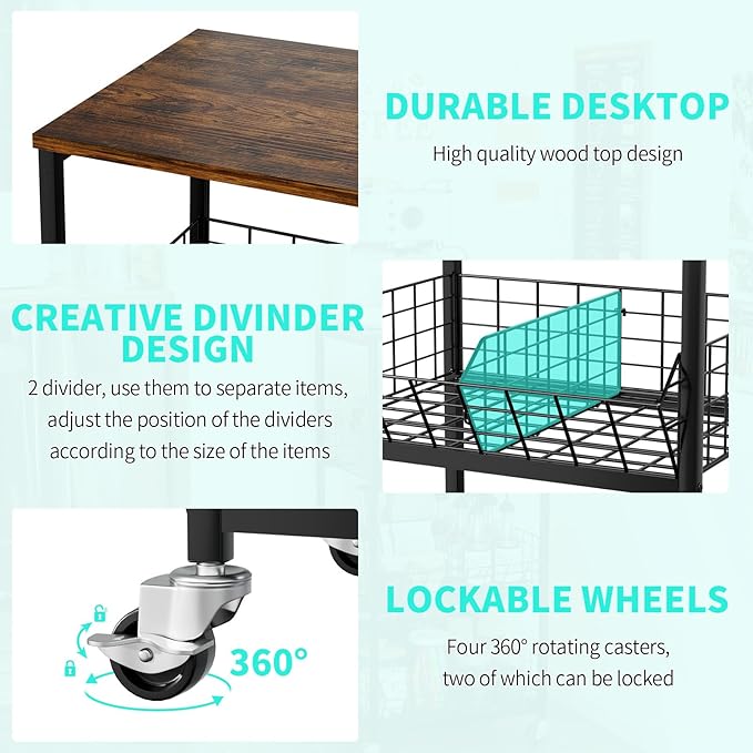 HapiRm Kitchen Fruit Vegetable Cart - 4 Tier Rolling Storage Rack with Wheels and Dividers, Coffee Station Cart Rack Shelf Organizer for Onion, Potato, Snack, Fruit, Vegetable Storage Stand, Black