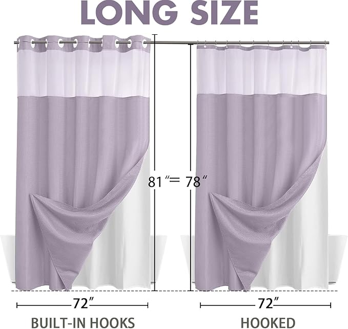 YellyHommy No Hook Shower Curtain with Snap in Liner Set Less Time Waffle Shower Curtain for Bathroom (Lavender, 81" L x 72" W)
