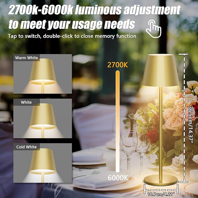 Aipsun 2 Pack Gold Table Lamp LED Modern Rechargeable Portable Table Light 6200mAh Battery Powered Table Lamp 3 Color Temperature Stepless Dimming Cordless Touch Lamps