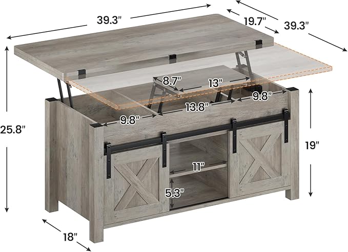 SEDETA Lift Top Coffee Table, 4 in 1 Multi-Function Convertible Coffee Tables with Storage and Hidden Compartment, Farmhouse Coffee Table Converts to Dining Table for Living Room, Grey