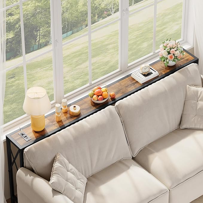 70 in Skinny Sofa Table Behind Couch, Console Table with Oulets & USB Ports for Hallway, Entryway,Living Room, Bedroom, Rustic Brown