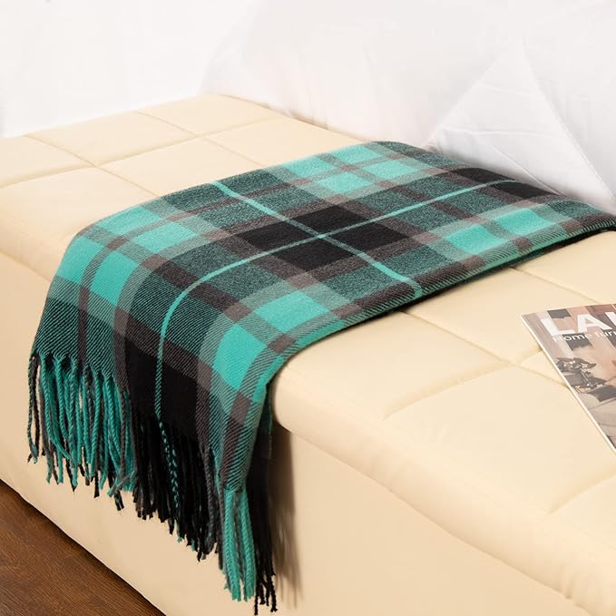 Gealaek Decorative Faux Cashmere Throw Blanket with Fringe Green and Black Plaid Lightweight Fuzzy Soft Cozy Throws for Sofa Bed Farmhouse Throw Blanket 50" x 60"