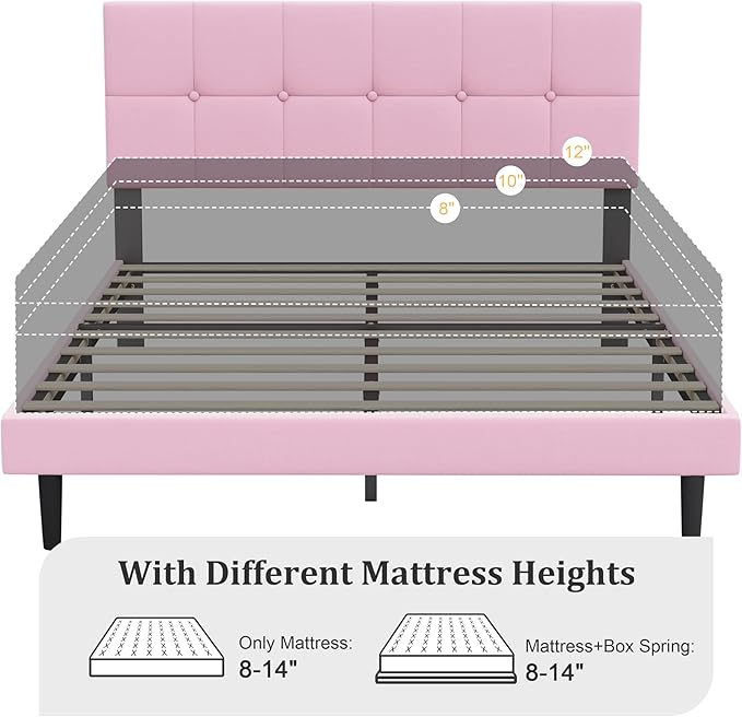 Queen Size Bed Frame, Queen Size Platform Bed Frame with Headboard, Upholstered Headboard, Sturdy Wooden Slats, Noiseless No Box Spring Required, Easy to Assemble, Pink