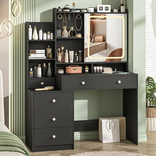 Vabches Makeup Vanity with LED Lights Mirror and Charging Station, Vanity Desk with Multiple Shelves and Drawers, Dressing Desk with 3 LED Light Models for Bedroom, Black