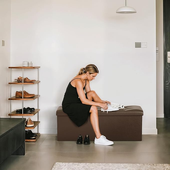 Storage Ottoman Bench, 43 Inch Ottoman Foot Rest, End of Bed Bench, Storage Chest, Load 700 lb, for Living Room, Bedroom, Entryway, Brown