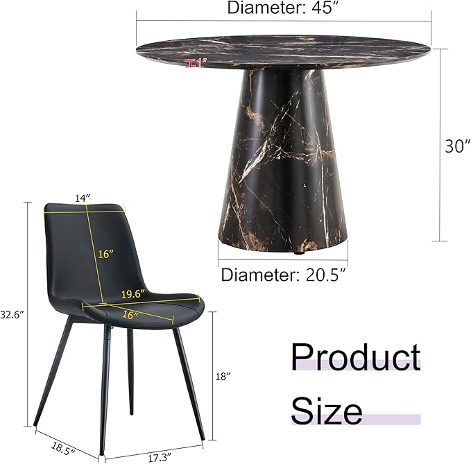 45 Inch Round Dining Table Set for 4, 5 Piece Kitchen Table and Chairs Set, Black Faux Marble Table Top, Small Space Dining Set for Apartment or Dining Room