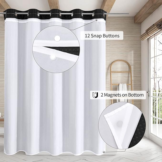 MitoVilla No Hooks Needed Black Waffle Shower Curtain Set with Snap-in Liner, Modern Waffle Weave Heavy Duty Fabric Cloth Shower Curtain for Luxury Neutral Hotel Spa Bathroom Decor, 72 x 74