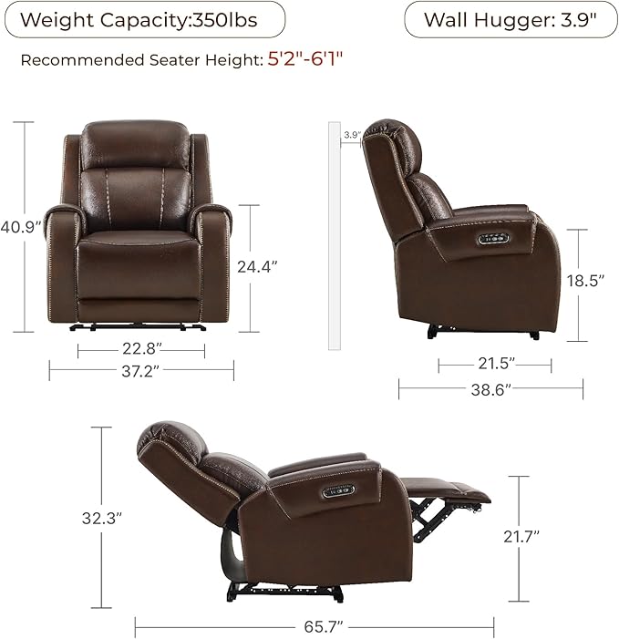 CHITA Genuine Leather Power Recliner Chair for Adults, Electric Wall Hugger Recliner with Adjustable Power Headrest & USB/Type-C Ports, Compact for Small Spaces & Living Rooms, Dark Brown