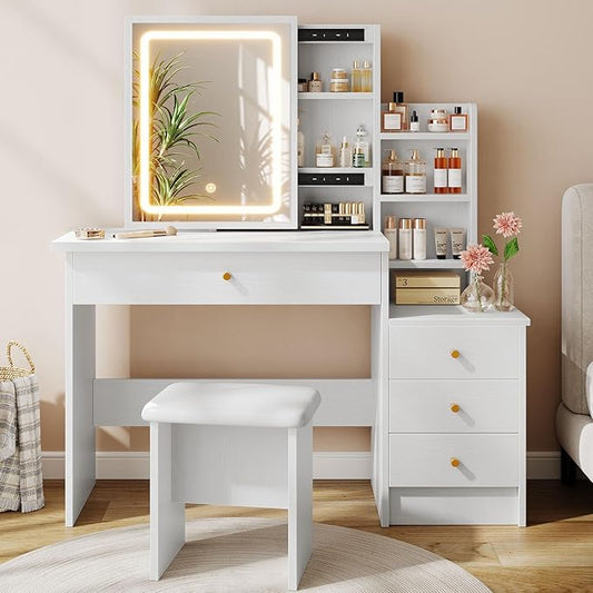 Vanity Desk with Mirror and Lights, Makeup Vanity with 3 Adjustable Lighting Modes, Small Vanity Desk with Sliding Mirror, 4 Drawers, 7 Shelves, Vanity Chair for Bedroom White