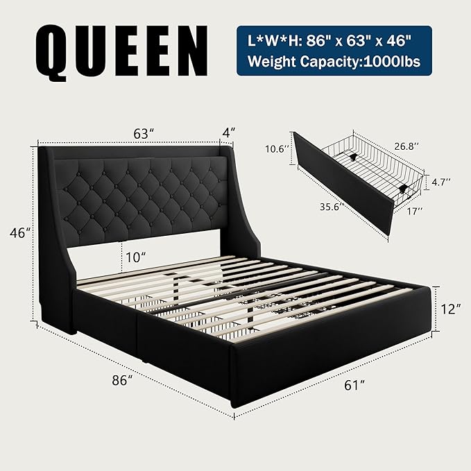 Queen Bed Frame with 4 Storage Drawers, Giant Upholstered Wingback Headboard, Fast Charging Station, No Box Spring Needed, Noise-Free, Black