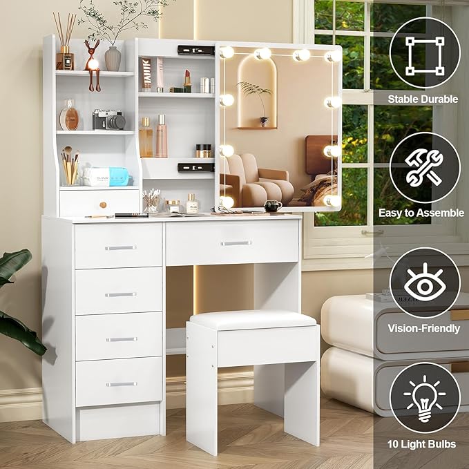 Makeup Vanity Desk with Mirror and Lights,White Vanity with 6 Drawers 6 Storage Shelves 1 Chair,3 Lighting Colors Adjustable,31.5" L*14.2" W*51.2" H