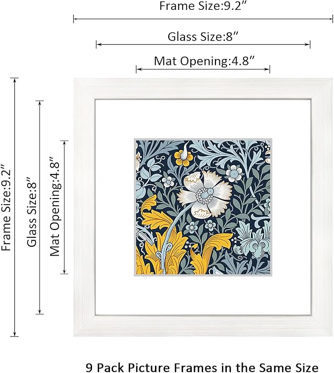 8x8 Picture Frame Set of 9 for Pictures 5x5 with Mat or 8x8 Without Mat, Wall Gallery or Tabletop display Photo Frames in White