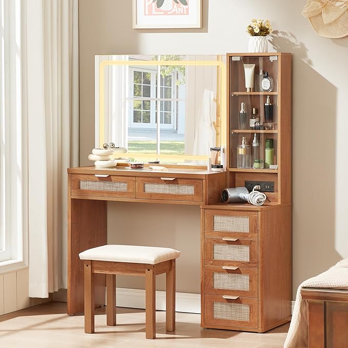 LEYAOYAO Vanity Desk with Mirror and Lights, 43.5'' Makeup Vanity Set with Stool 6 Drawers and Adjustable Shelves, Rattan Wood Make Up Vanity Dressing Table with Glass Top and Power Outlet for Bedroom