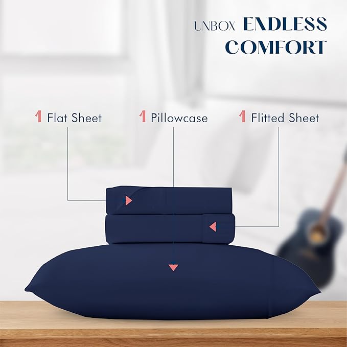 XOOX Linen 100% Cotton Twin XL Sheet Sets - 500 Thread Count Twin XL Sheets Cotton, Soft, Sateen Weave, Cooling Deep Pocket Bed Sheet for Dorm Room, Luxury Hotel Quality Bedding (3 PC, Navy Blue)