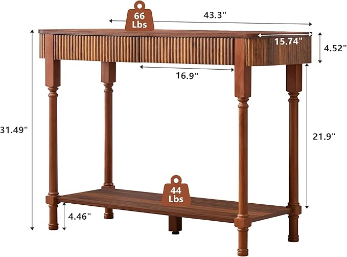 43.3” Console Table with 2 Drawers, Modern Retro Entryway Table with Fluted Panel & Storage Shelf, Narrow Wood Behind Couch Sofa Table for Living Room, Foyer, Hallway(Walnut)