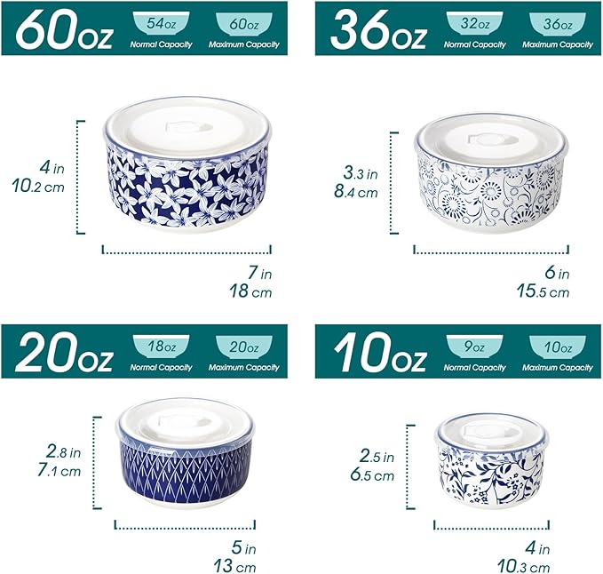 vancasso Ceramic Mixing Bowls with Lids Set of 4,Ceramic Serving Bowls,Nesting Bowls for Food Storage,Prep Bowl,Mixing Bowl for Kitchen,Microwave & Dishwasher Safe,Series SELENE,60+36+20+10 Oz