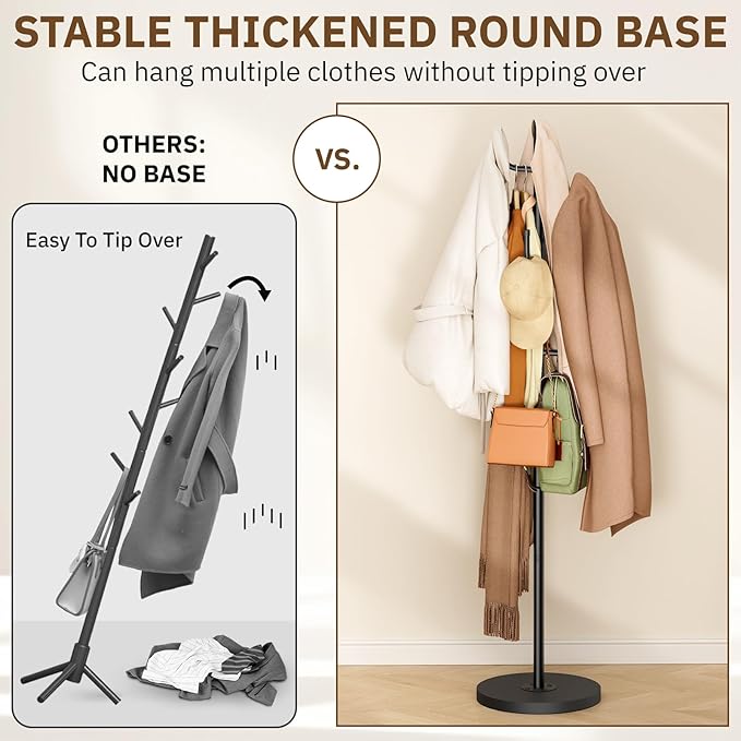 MISSLO Heavy Duty Coat Rack Freestanding 4 Adjustable Size Coat Tree with Stable Wood Base Coat Hanger Stand with 6 Hooks Standing Clothes Tree for Bedroom, Black