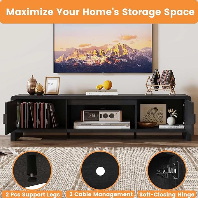 FATORRI TV Stand for 75/65/55 Inch TVs, Mid Century Modern Entertainment Center with Storage, Wooden Television Media Console Cabinet with Fluted-Door for Living Room, Bedroom (63 Inch W, Black)